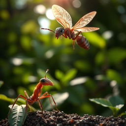 A veiled ant is flying in the air, displaying an expression of concern on its face as it tries to warn another ant