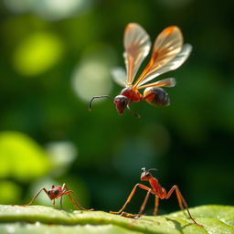 A veiled ant is flying in the air, displaying an expression of concern on its face as it tries to warn another ant