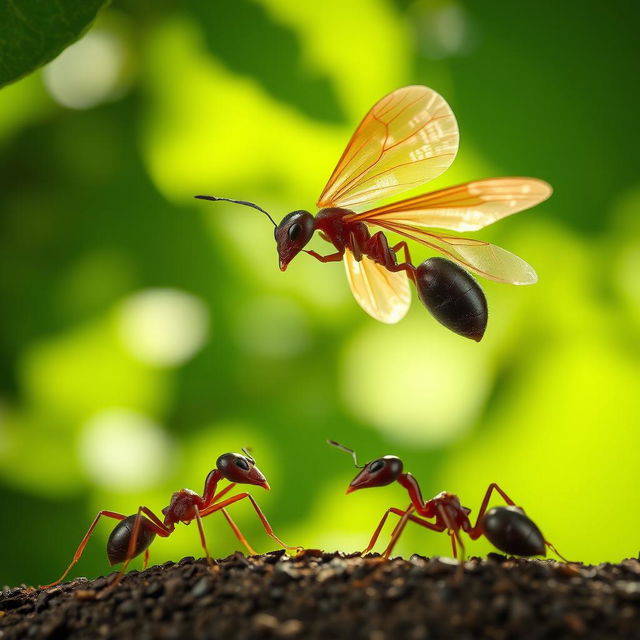 A veiled ant is flying in the air, displaying an expression of concern on its face as it tries to warn another ant