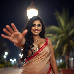 A heavenly beautiful Arabian woman with a goddess-like charm and sweet, cute features is standing in front of a glowing street lamp