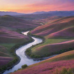 A serene landscape at sunset with rolling hills, a river winding through the valley, and a canvas of orange, pink, and purple hues in the sky creating an epic display of nature's beauty.