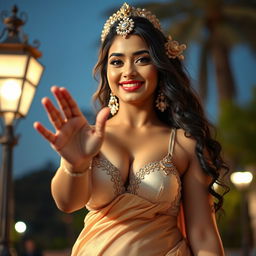 A heavenly beautiful Arabian woman with a goddess-like charm and sweet, cute features is standing in front of a glowing street lamp