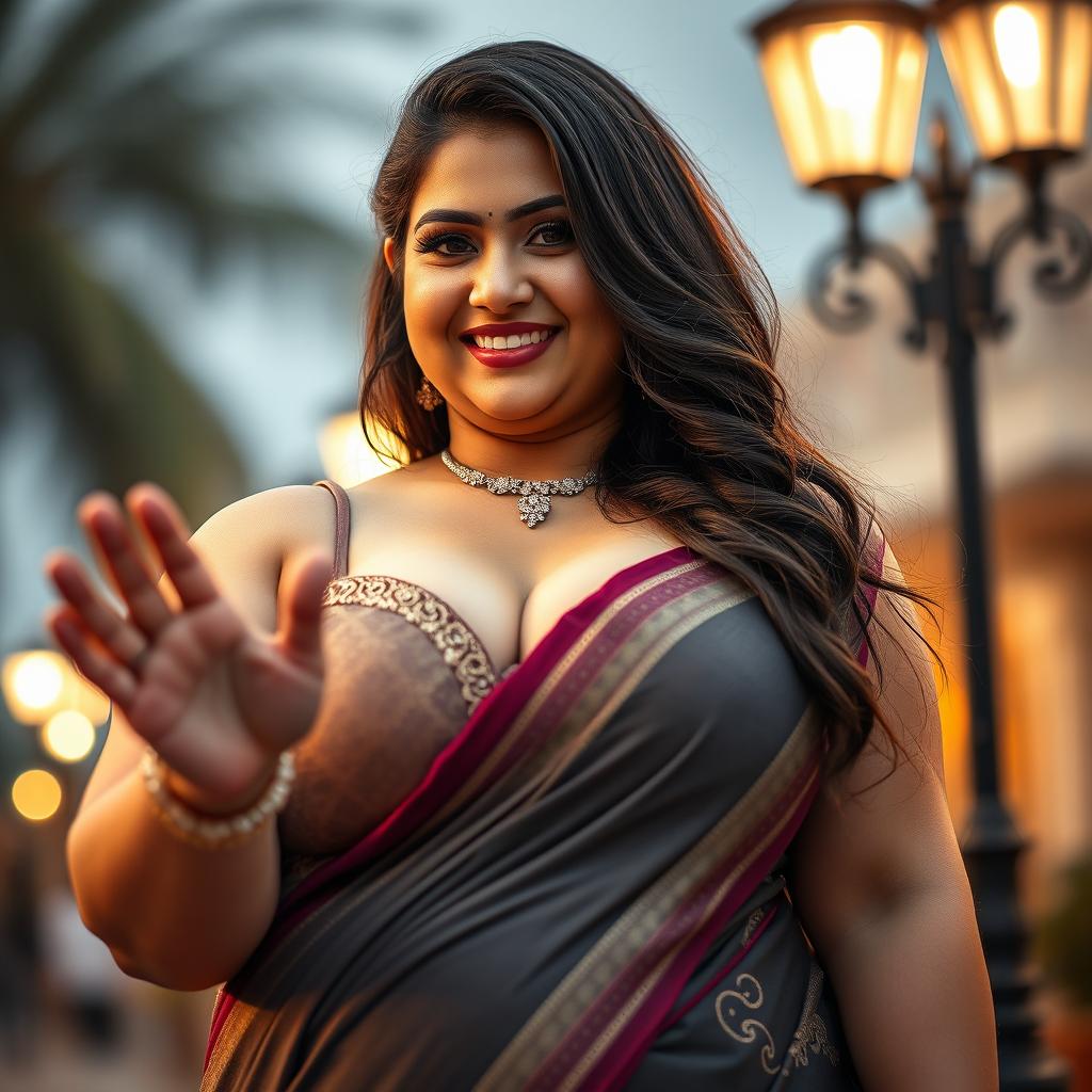 Heavenly beautiful Arabian woman with a sweet and goddess-like face, dressed in a luxurious style saree and bra, standing in front of a street lamp