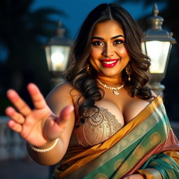 Heavenly beautiful Arabian woman with a sweet and goddess-like face, dressed in a luxurious style saree and bra, standing in front of a street lamp