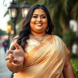 Heavenly beautiful Arabian woman with a sweet and goddess-like face, dressed in a luxurious style saree and bra, standing in front of a street lamp