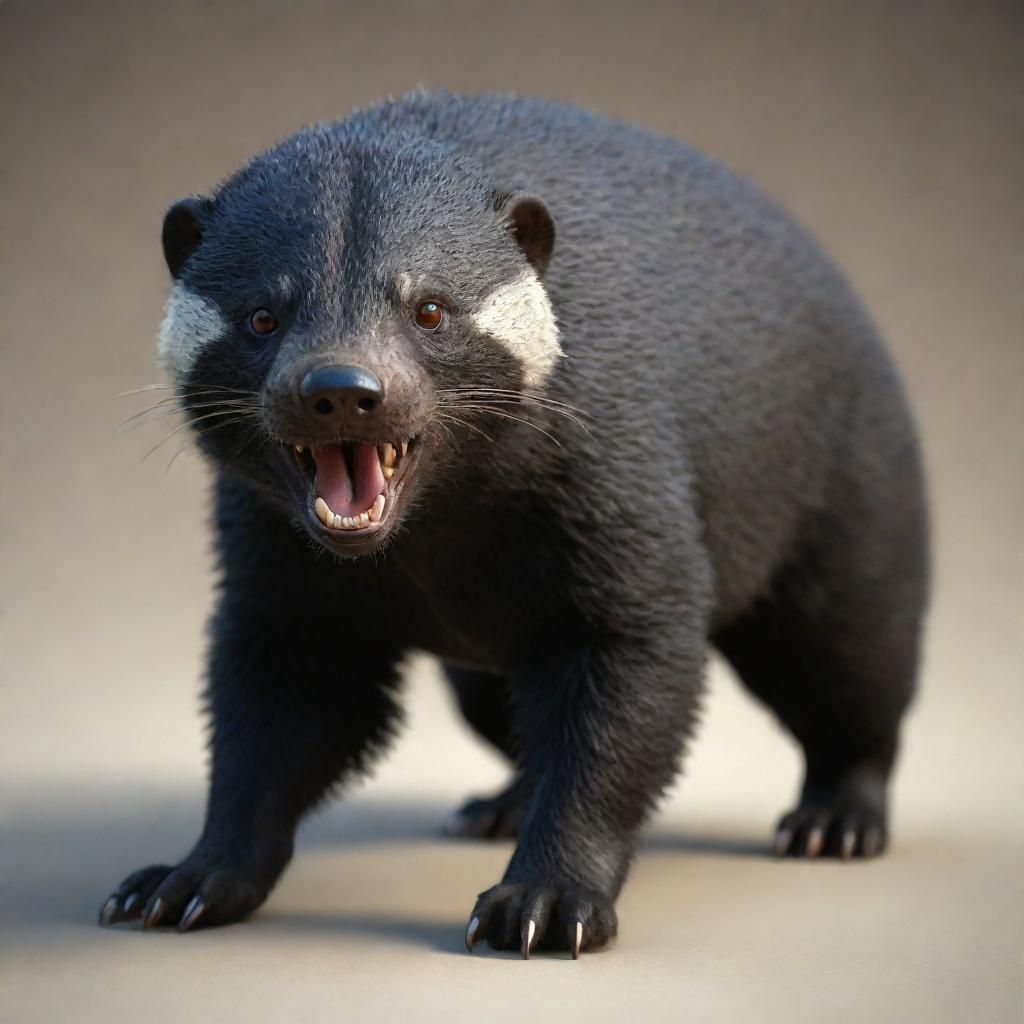 A realistic 3D model of a Honey Badger, its tough exterior, distinguished fur, and fiery eyes reflecting its untamed spirit.