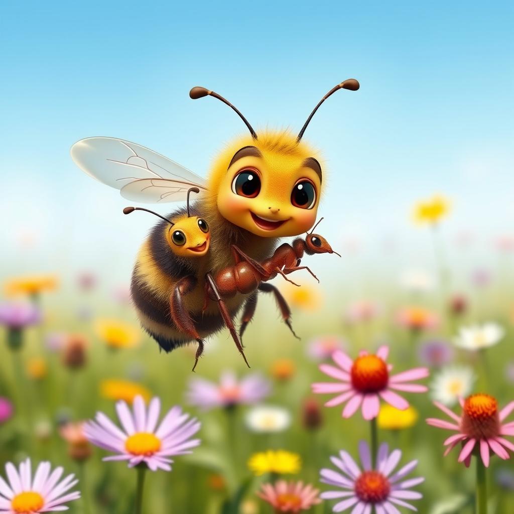 A compassionate bee carrying a joyful ant on its wings