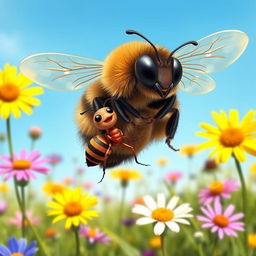 A compassionate bee carrying a joyful ant on its wings