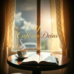 A book cover for 'Café com Deus', featuring a serene morning café scene