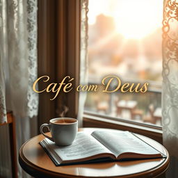 A book cover for 'Café com Deus', featuring a serene morning café scene