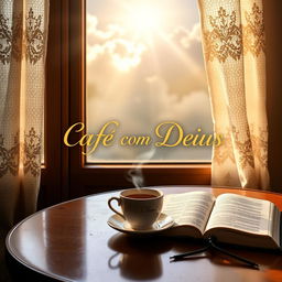 A book cover for 'Café com Deus', featuring a serene morning café scene