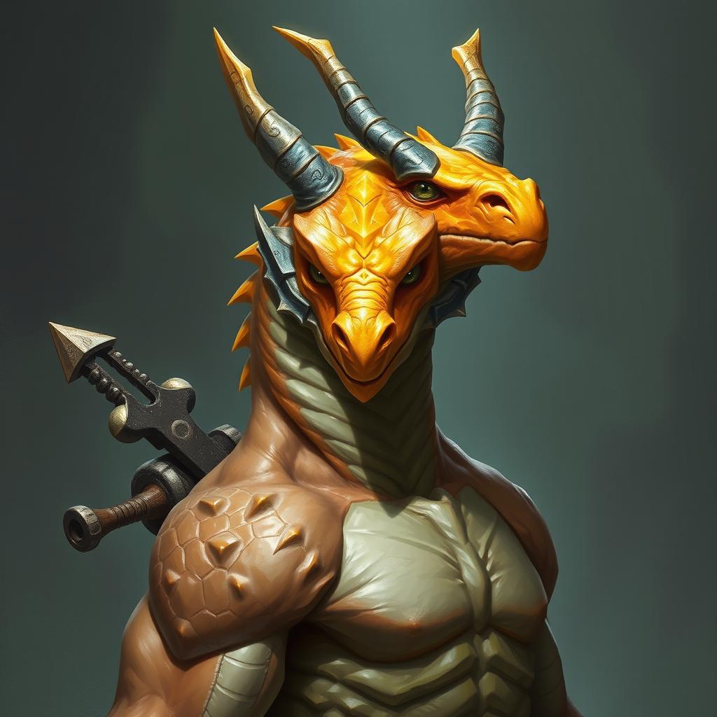 A half-body portrait of a gem dragonborn from Dungeons & Dragons, showcasing a captivating yellow-orange colored head