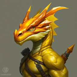 A half-body portrait of a gem dragonborn from Dungeons & Dragons, showcasing a captivating yellow-orange colored head