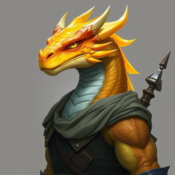 A half-body portrait of a gem dragonborn from Dungeons & Dragons, showcasing a captivating yellow-orange colored head