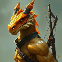 A half-body portrait of a gem dragonborn from Dungeons & Dragons, showcasing a captivating yellow-orange colored head