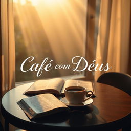 A captivating book cover for 'Café com Deus' depicting a tranquil café setting at dawn