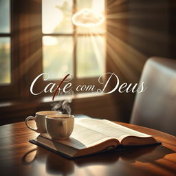 A captivating book cover for 'Café com Deus' depicting a tranquil café setting at dawn