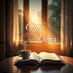 A captivating book cover for 'Café com Deus' depicting a tranquil café setting at dawn