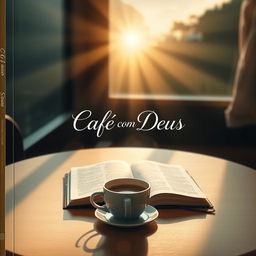 A captivating book cover for 'Café com Deus' depicting a tranquil café setting at dawn