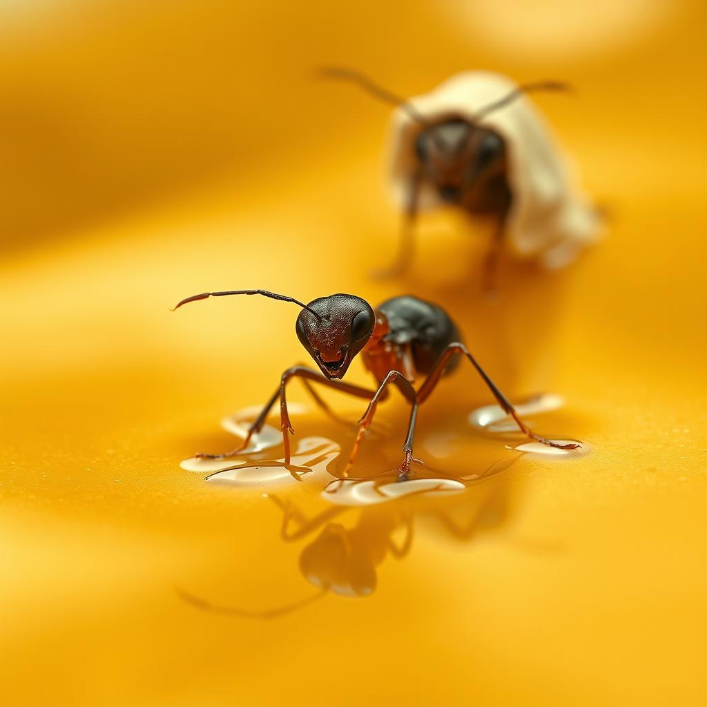 An ant is struggling in a pool of glistening honey, its small hands and feet submerged and stuck