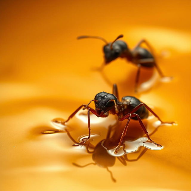 An ant is struggling in a pool of glistening honey, its small hands and feet submerged and stuck