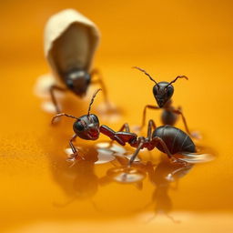 An ant is struggling in a pool of glistening honey, its small hands and feet submerged and stuck