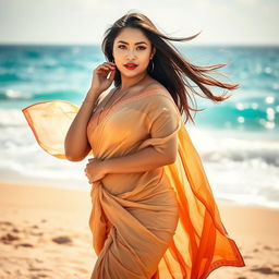 A voluptuous Asian woman with an alluring figure, adorned in an elegant saree, standing on a beautiful beach