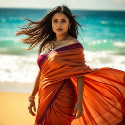 A voluptuous Asian woman with an alluring figure, adorned in an elegant saree, standing on a beautiful beach