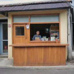 A quaint local store in the Philippines with an L-shaped wooden counter around half a meter tall, extending across a small window at the center for transaction, reaching up to the side of the store