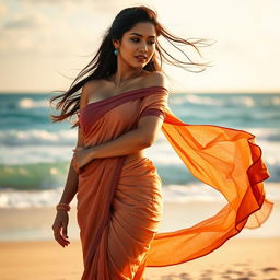 A voluptuous Asian woman with an alluring figure, adorned in an elegant saree, standing on a beautiful beach