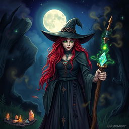 A mystical witch with striking red hair, surrounded by enchanting elements like glowing crystals and swirling magical mist