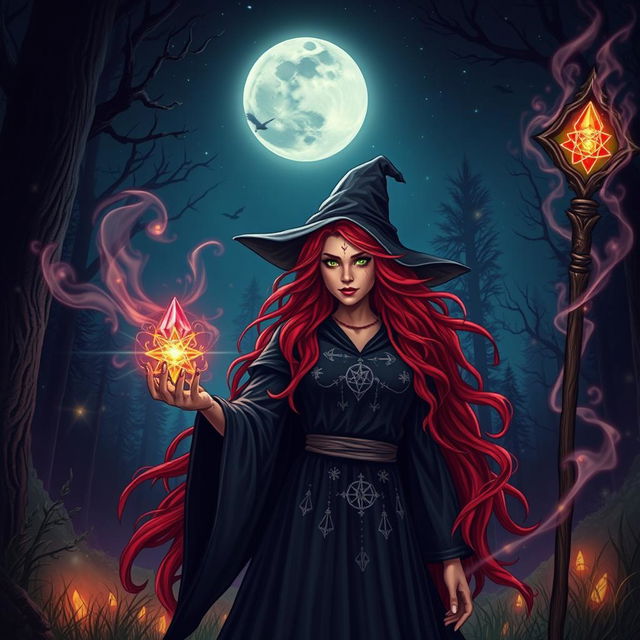 A mystical witch with striking red hair, surrounded by enchanting elements like glowing crystals and swirling magical mist