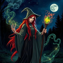 A mystical witch with striking red hair, surrounded by enchanting elements like glowing crystals and swirling magical mist