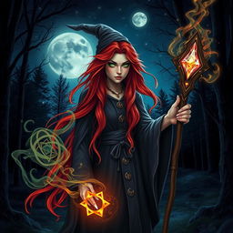 A mystical witch with striking red hair, surrounded by enchanting elements like glowing crystals and swirling magical mist