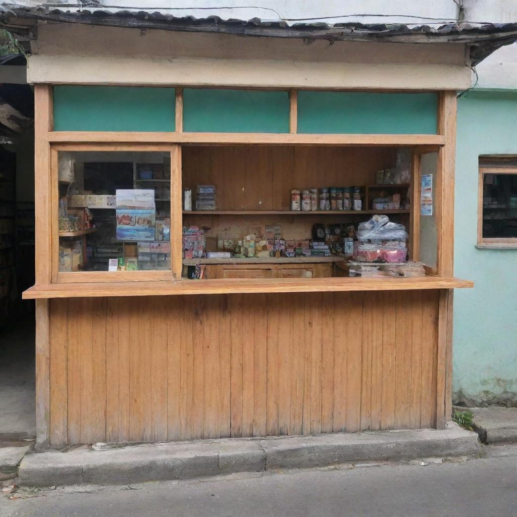 A quaint local store in the Philippines with an L-shaped wooden counter around half a meter tall, extending across a small window at the center for transaction, reaching up to the side of the store