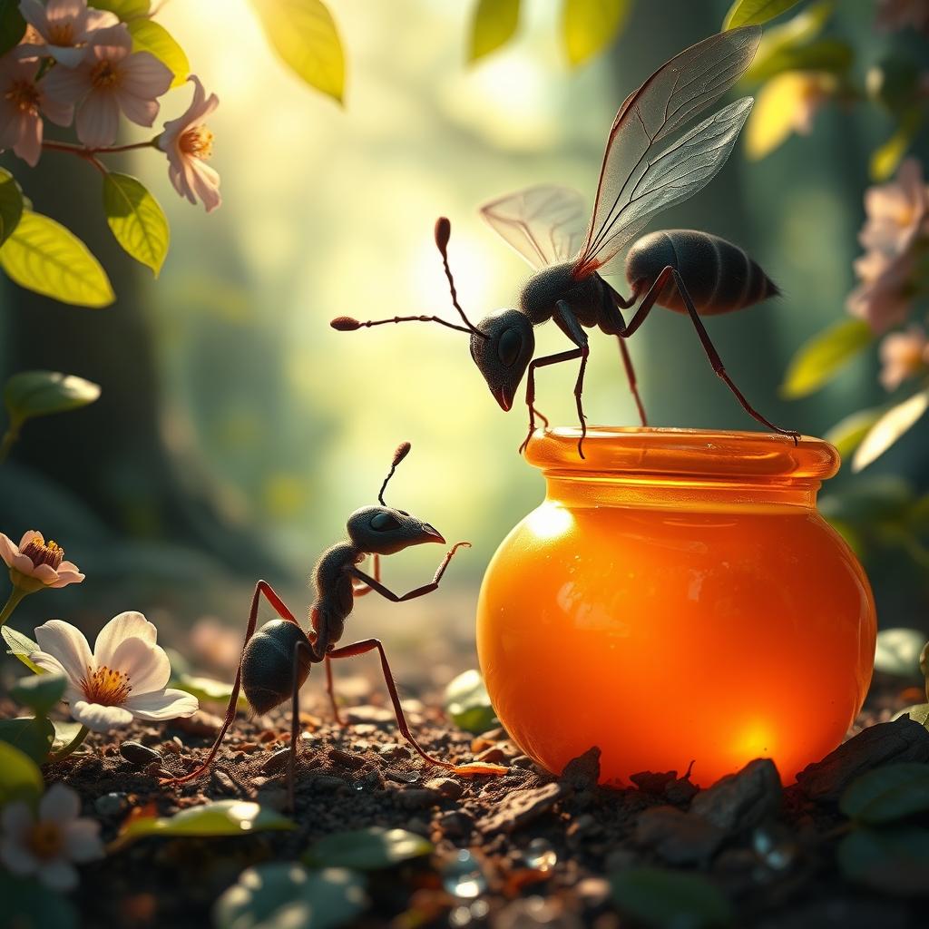 A veiled ant gently pulling another ant out of a honeypot