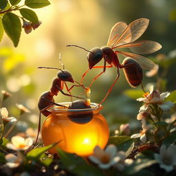 A veiled ant gently pulling another ant out of a honeypot