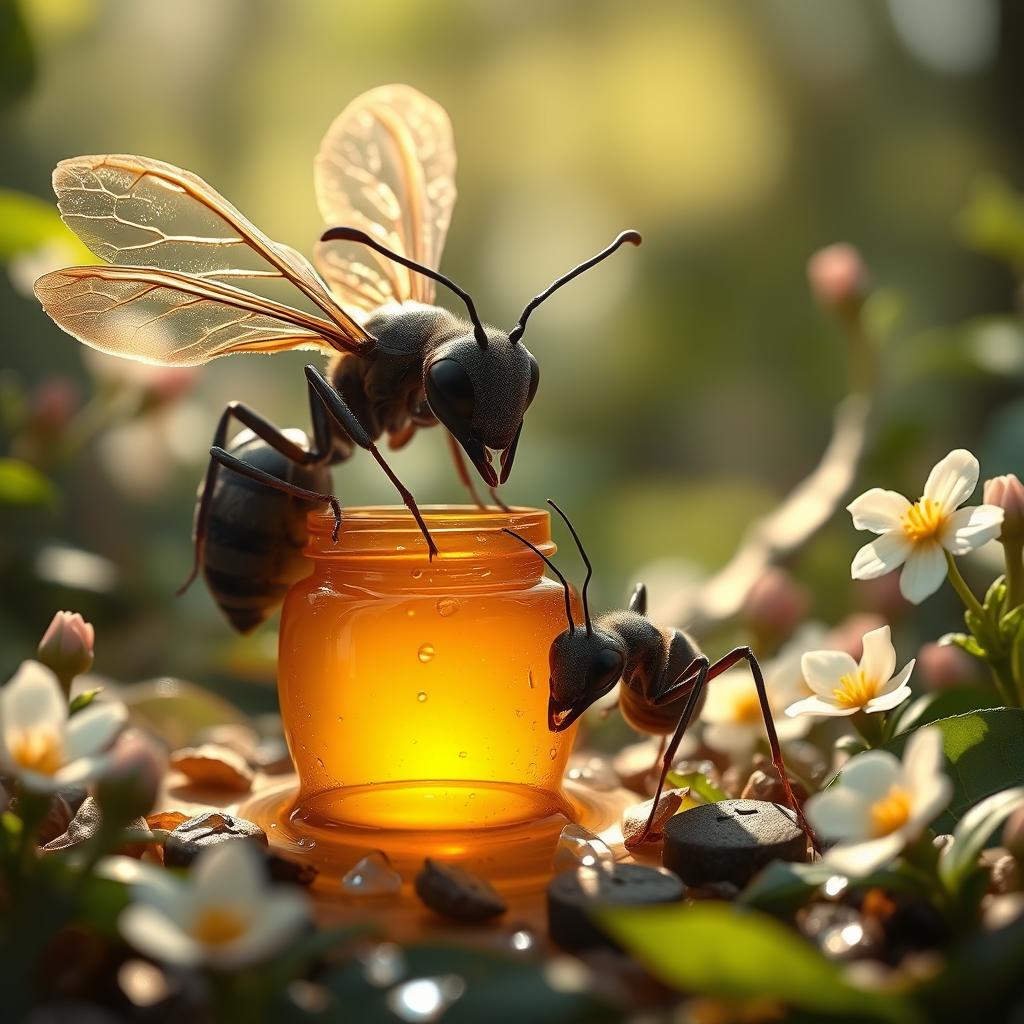 A veiled ant gently pulling another ant out of a honeypot