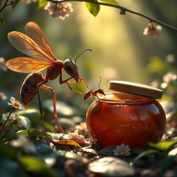 A veiled ant gently pulling another ant out of a honeypot