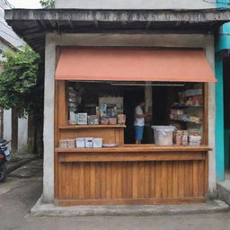 A quaint local store in the Philippines with an L-shaped wooden counter around half a meter tall, extending across a small window at the center for transaction, reaching up to the side of the store