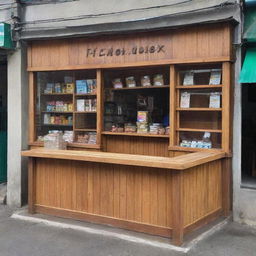 A quaint local store in the Philippines with an L-shaped wooden counter around half a meter tall, extending across a small window at the center for transaction, reaching up to the side of the store