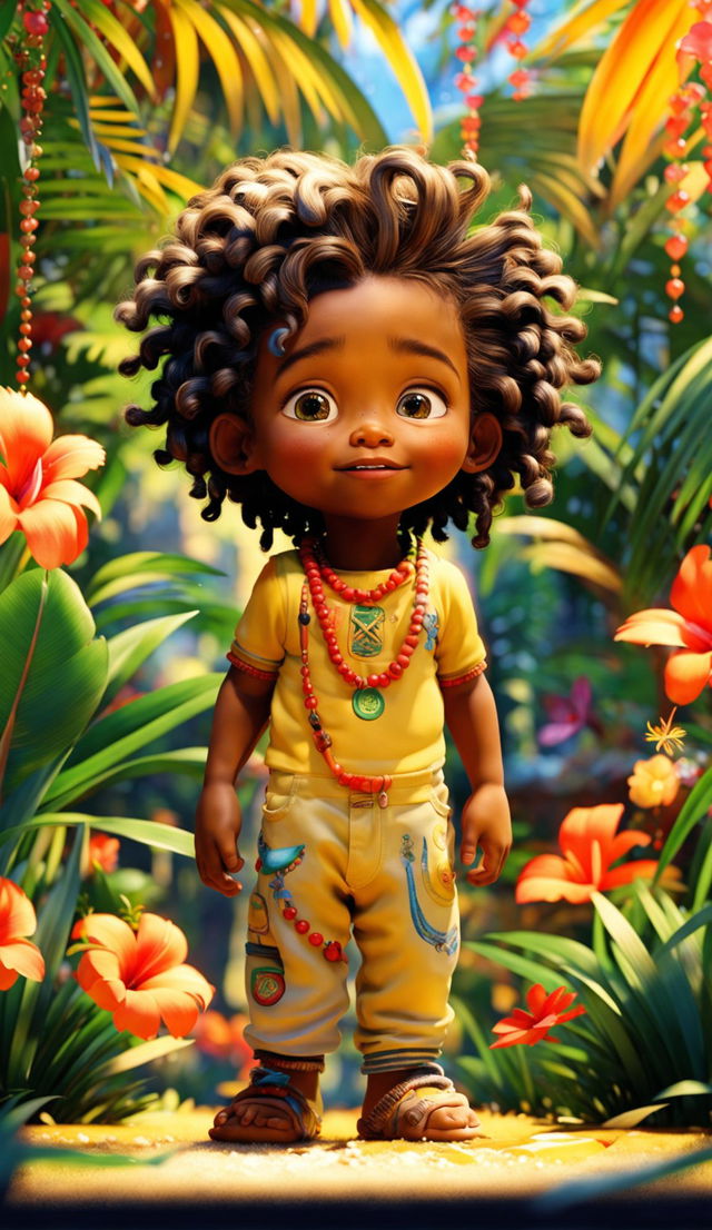 A two-year-old Jamaican child in Rastafarian style in a lush tropical environment in a Pixar animation.