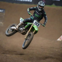 A dynamic action shot of a supercross rider, soaring through the air in mid-jump, dirt flying from his bike's tires.