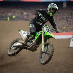 A dynamic action shot of a supercross rider, soaring through the air in mid-jump, dirt flying from his bike's tires.