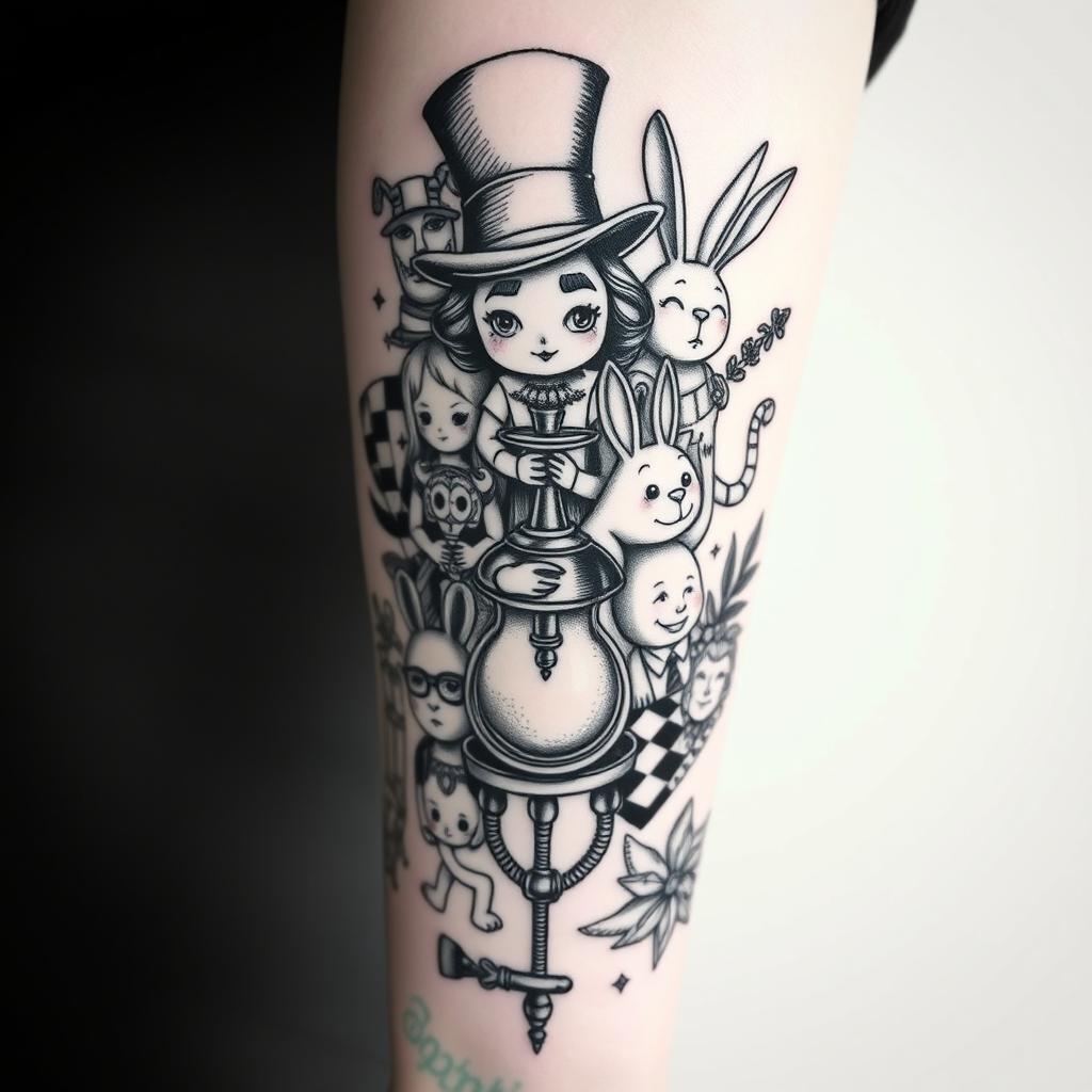 A black and white tattoo featuring elements from "Alice in Wonderland" and "Alice Through the Looking Glass