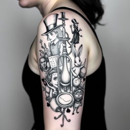 A black and white tattoo featuring elements from "Alice in Wonderland" and "Alice Through the Looking Glass