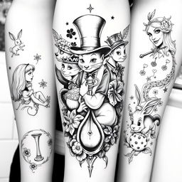 A black and white tattoo featuring elements from "Alice in Wonderland" and "Alice Through the Looking Glass