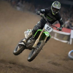 A dynamic action shot of a supercross rider, soaring through the air in mid-jump, dirt flying from his bike's tires.