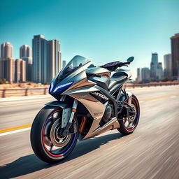 A futuristic superbike with sleek, aerodynamic design, polished metallic surfaces reflecting the sunlight, glowing LED accents in vibrant blue and red along the chassis, large racing tires, and high-tech digital dashboard displays