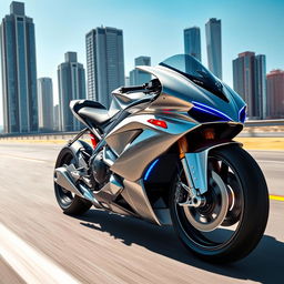 A futuristic superbike with sleek, aerodynamic design, polished metallic surfaces reflecting the sunlight, glowing LED accents in vibrant blue and red along the chassis, large racing tires, and high-tech digital dashboard displays